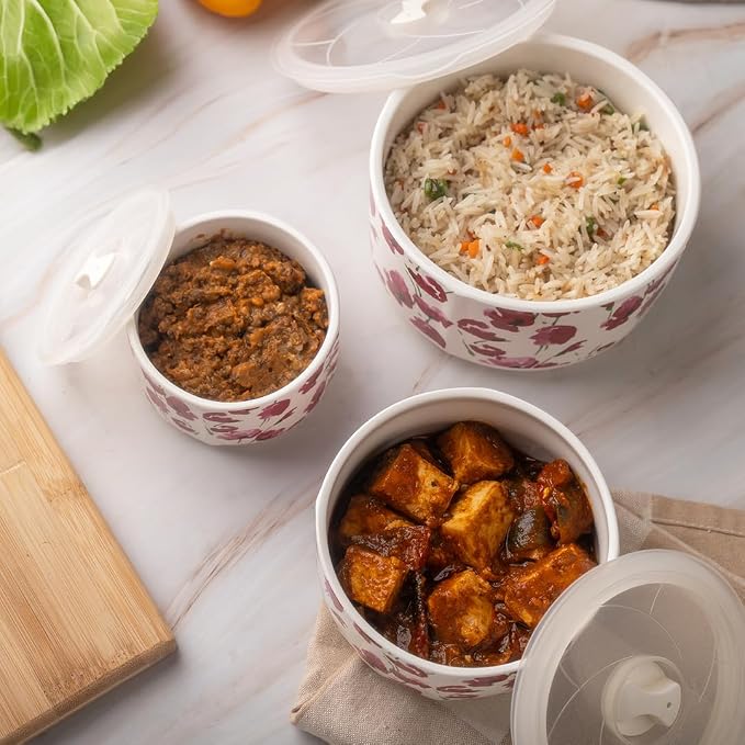 TAKISSO Porcelain Bowl Set of 3 with Airtight Lids (1000ml, 600ml, 325ml) – Microwave & Dishwasher Safe Food Storage Containers