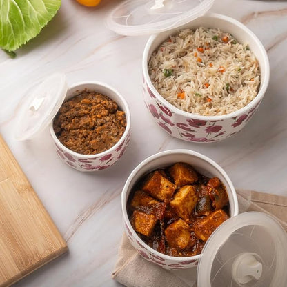TAKISSO Porcelain Bowl Set of 3 with Airtight Lids (1000ml, 600ml, 325ml) – Microwave & Dishwasher Safe Food Storage Containers