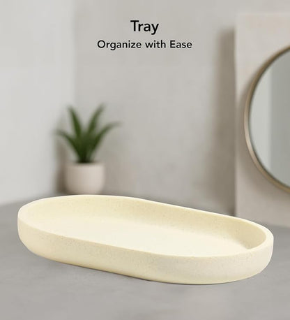 Obsessions 3-Piece Cream Polyresin Bathroom Accessory Set – Soap Dispenser, Tumbler & Vanity Organizer Tray