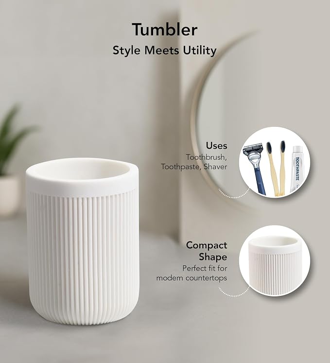 Obsessions 3-Piece White Fluted Polyresin Bathroom Accessory Set – Soap Dispenser, Tumbler & Oval Vanity Organizer Tray