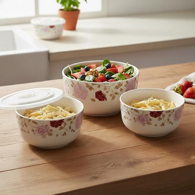 TAKISSO Porcelain Bowl Set of 3 with Airtight Lids (1000ml, 600ml, 325ml) – Microwave & Dishwasher Safe Food Storage Containers