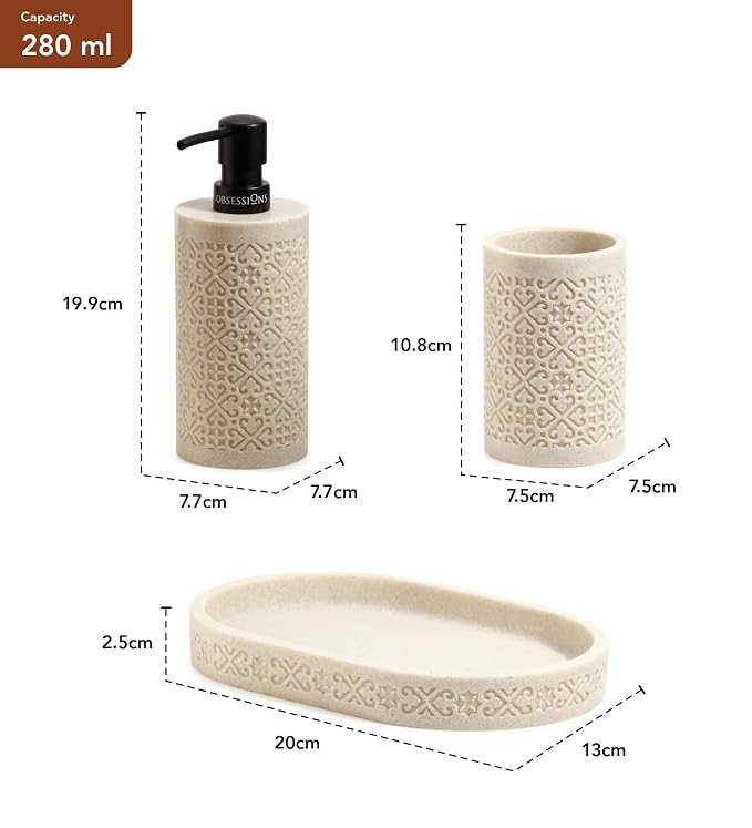 Obsessions 3-Piece Polyresin Bath Set | Dispenser, Tumbler, Tray