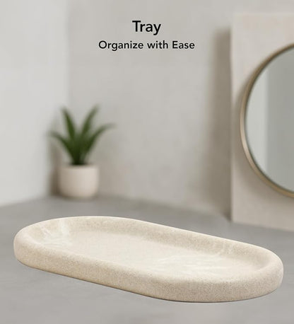 Obsessions 3-Piece Beige Polyresin Bathroom Accessory Set with Wood Accents – Soap Dispenser, Tumbler & Oval Vanity Tray