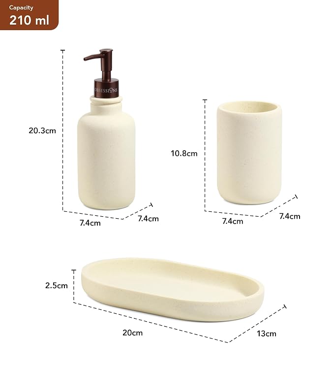 Obsessions 3-Piece Cream Polyresin Bathroom Accessory Set – Soap Dispenser, Tumbler & Vanity Organizer Tray
