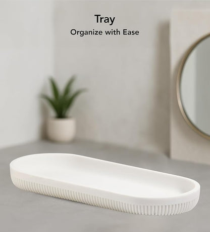 Obsessions 3-Piece White Fluted Polyresin Bathroom Accessory Set – Soap Dispenser, Tumbler & Oval Vanity Organizer Tray