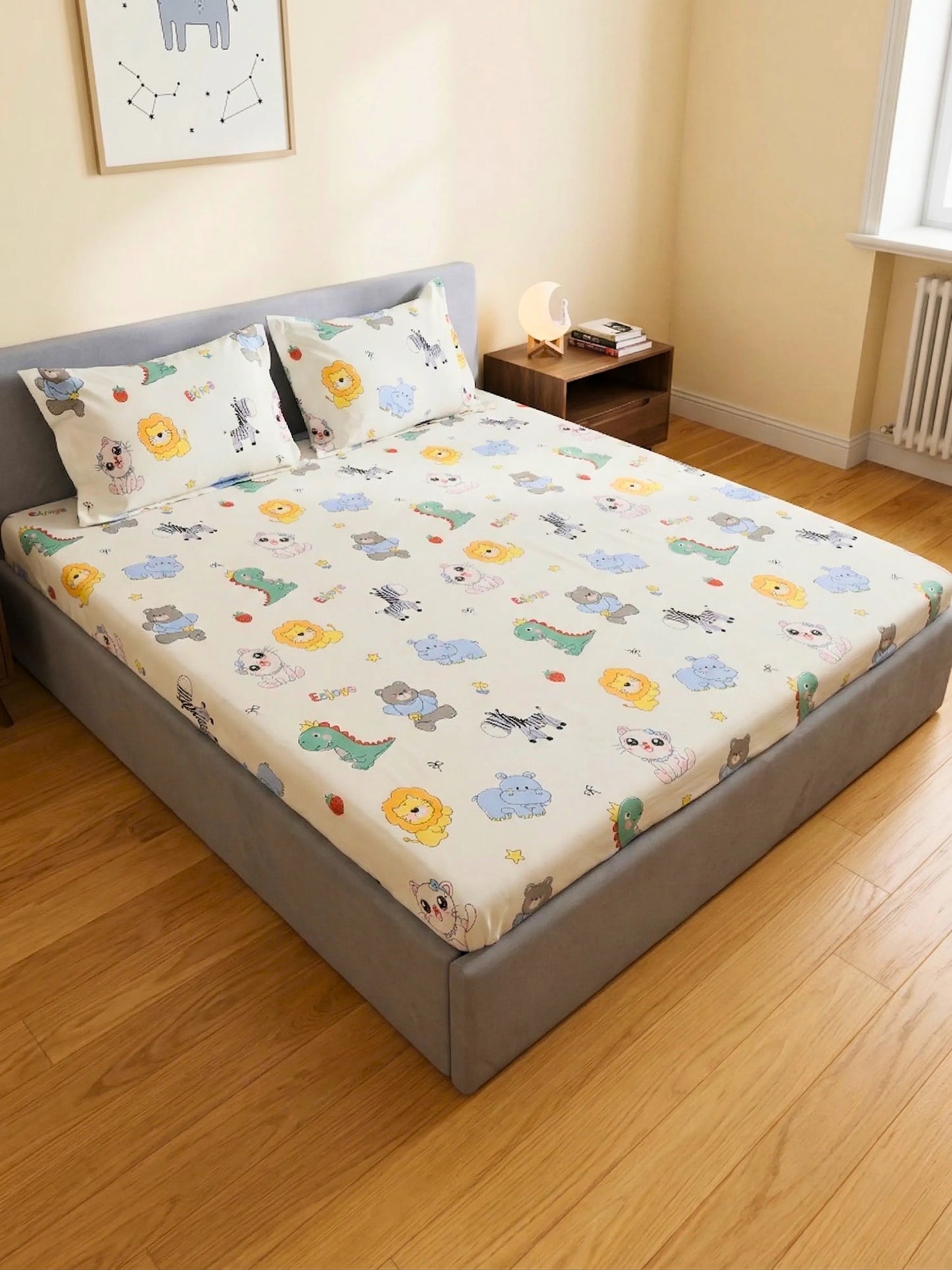 Bed with cartoon-patterned bedspread in a room with wooden flooring and a radiator.