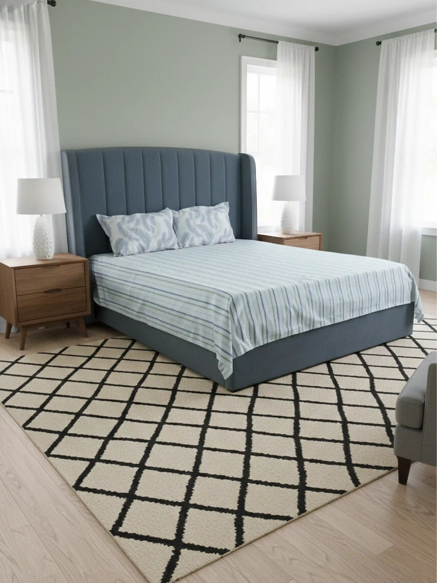Serene Stripe & Feather Motif 100% Cotton Double Bed Sheet Set