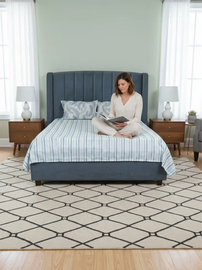 Serene Stripe & Feather Motif 100% Cotton Double Bed Sheet Set