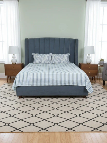 Serene Stripe & Feather Motif 100% Cotton Double Bed Sheet Set