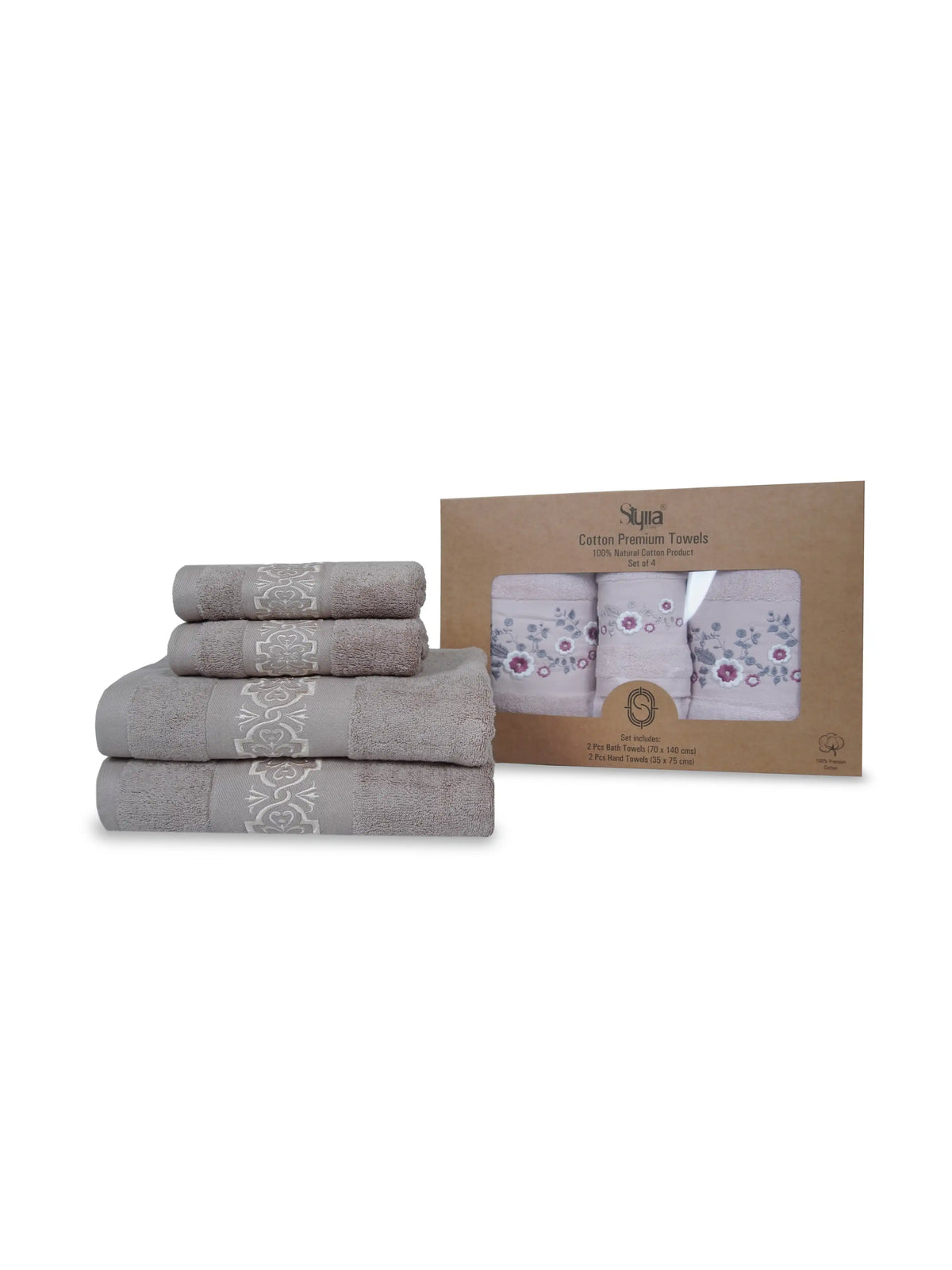 Stylla 4-Piece Embroidered Cotton Towel Set | 2 Bath & 2 Hand Towels