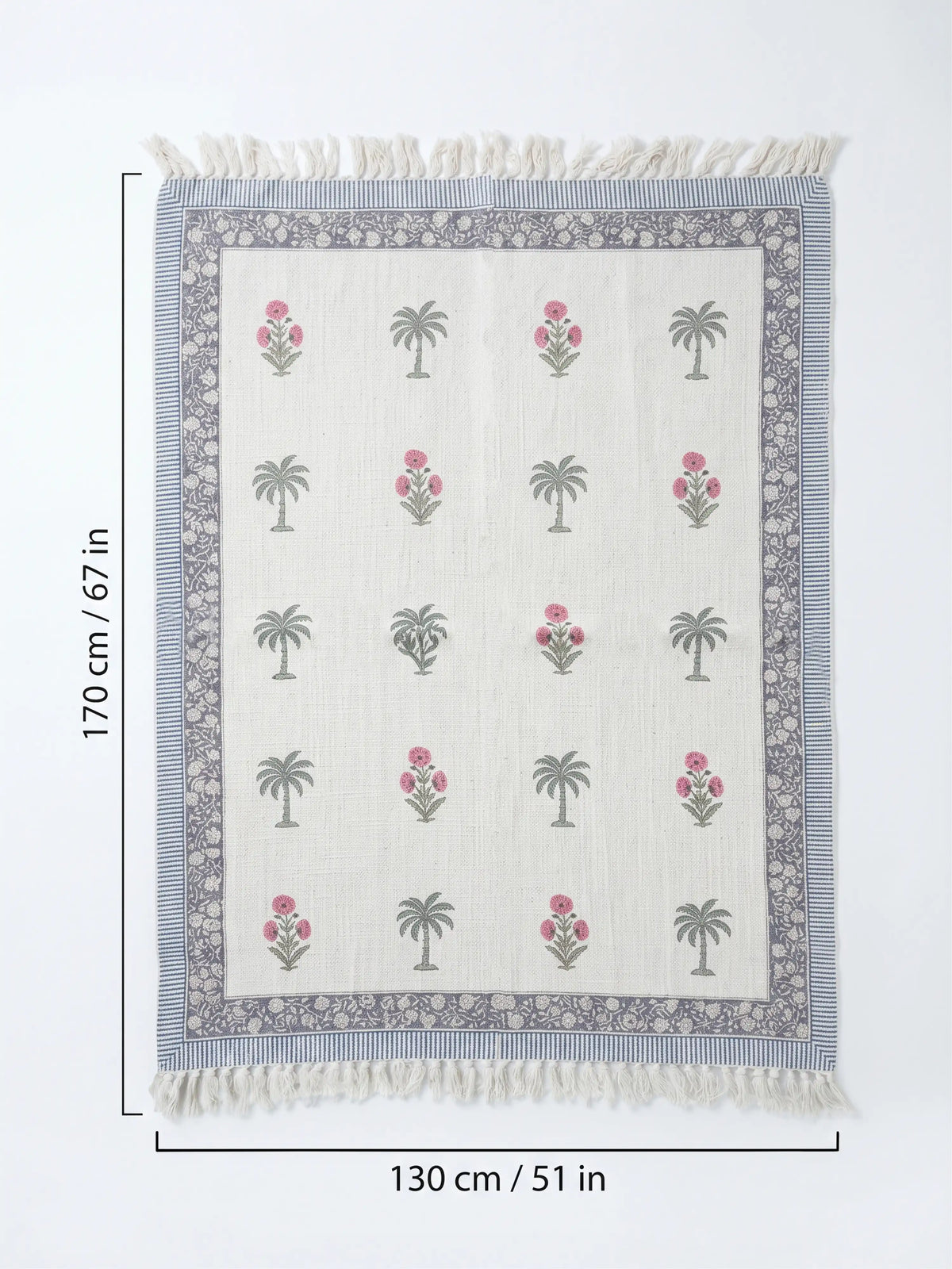 Atoz Home Decor Traditional Sanganeri Block Printed Cotton-Jute Throw with Fringe (130 x 170 cm)