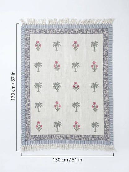 Atoz Home Decor Traditional Sanganeri Block Printed Cotton-Jute Throw with Fringe (130 x 170 cm)