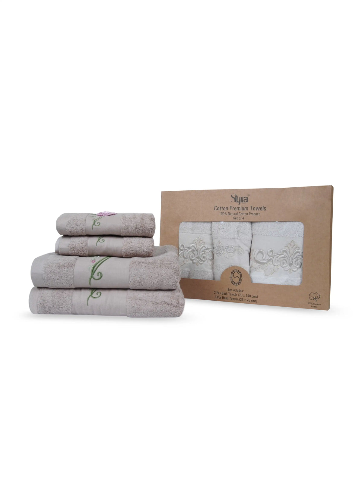 Stylla 4-Piece Embroidered Cotton Towel Set | 2 Bath & 2 Hand Towels