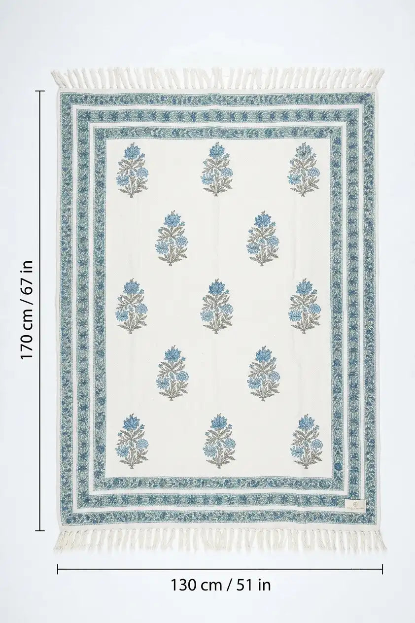 Atoz Home Decor Traditional Sanganeri Block Printed Cotton-Jute Throw with Fringe (130 x 170 cm)