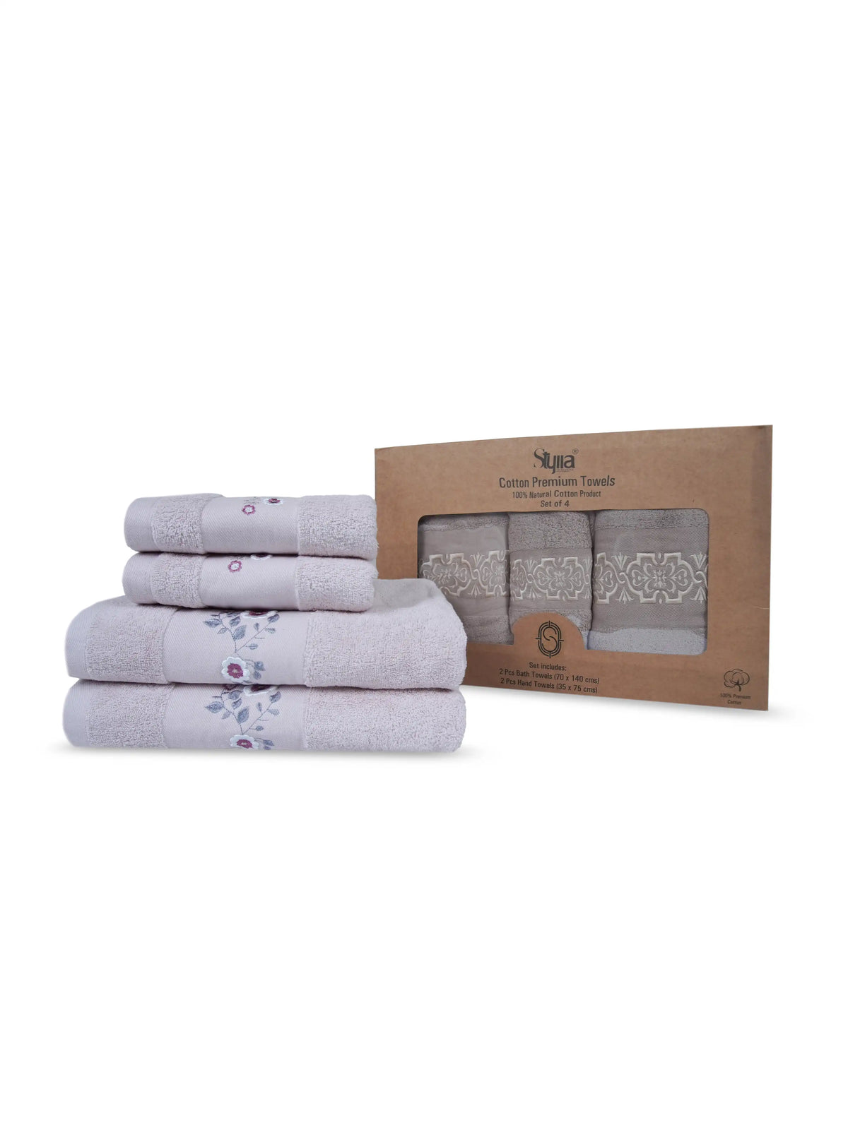 Stylla 4-Piece Embroidered Cotton Towel Set | 2 Bath & 2 Hand Towels