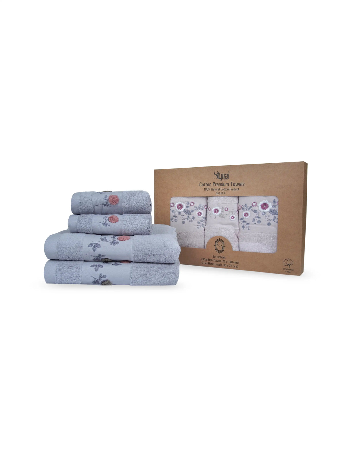 Stylla 4-Piece Embroidered Cotton Towel Set | 2 Bath & 2 Hand Towels