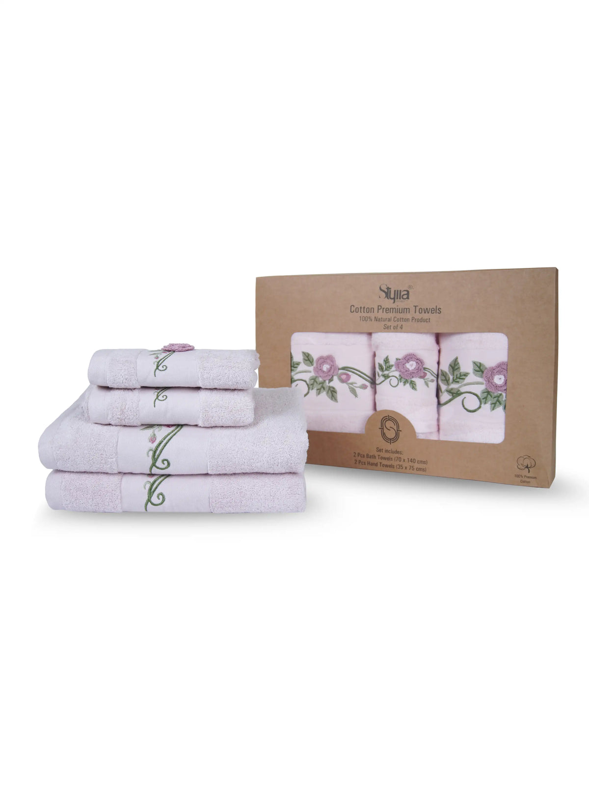 Stylla 4-Piece Embroidered Cotton Towel Set | 2 Bath & 2 Hand Towels