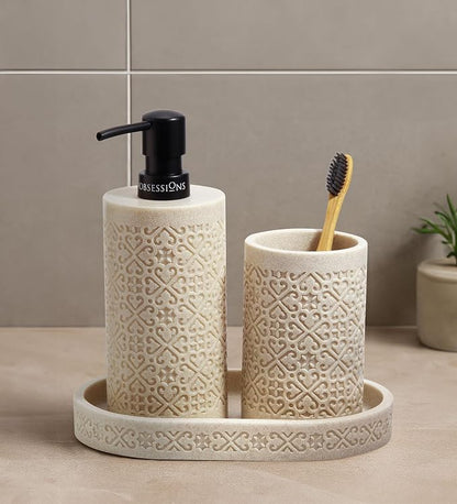 Obsessions 3-Piece Polyresin Bath Set | Dispenser, Tumbler, Tray