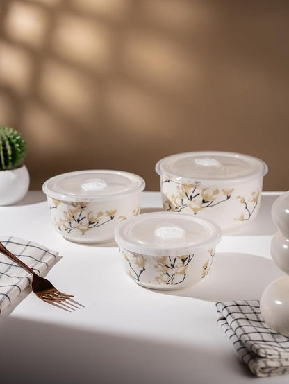 TAKISSO Porcelain Bowl Set of 3 with Airtight Lids (1000ml, 600ml, 325ml) – Microwave & Dishwasher Safe Food Storage Containers