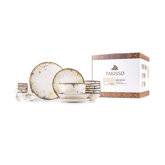 TAKISSO 35-Piece Porcelain Dinnerware Set (Plates, Bowls & Spoons) – Microwave & Dishwasher Safe Crockery