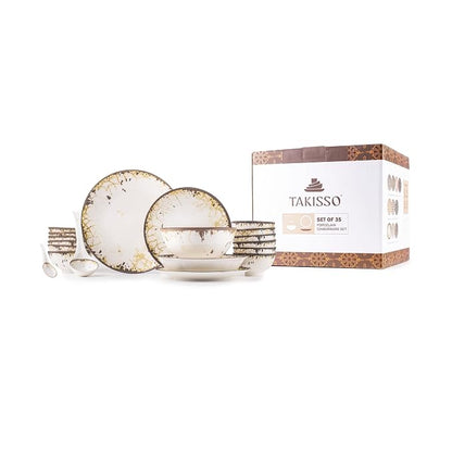 TAKISSO 35-Piece Porcelain Dinnerware Set (Plates, Bowls & Spoons) – Microwave & Dishwasher Safe Crockery