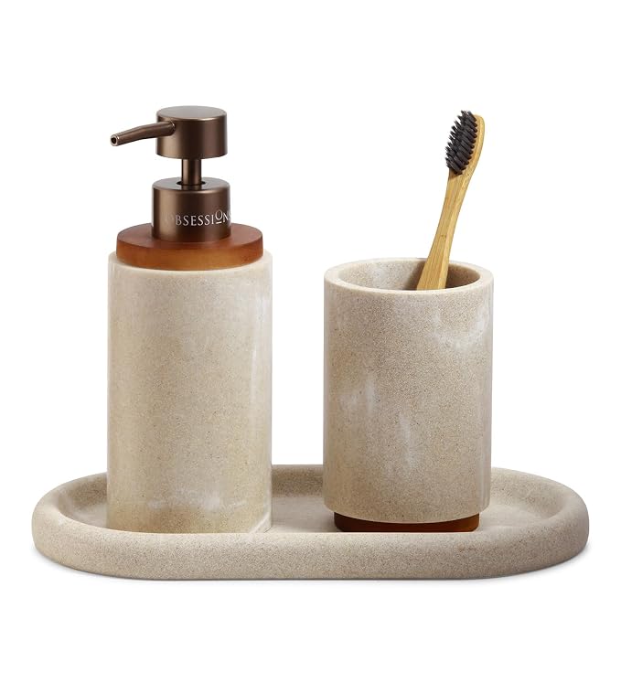 Obsessions 3-Piece Beige Polyresin Bathroom Accessory Set with Wood Accents – Soap Dispenser, Tumbler & Oval Vanity Tray