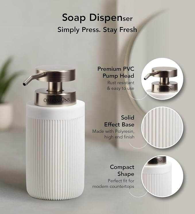 Obsessions 3-Piece White Fluted Polyresin Bathroom Accessory Set – Soap Dispenser, Tumbler & Oval Vanity Organizer Tray