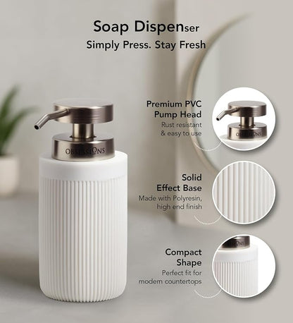 Obsessions 3-Piece White Fluted Polyresin Bathroom Accessory Set – Soap Dispenser, Tumbler & Oval Vanity Organizer Tray