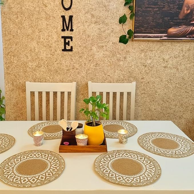 Atoz Home Decor Jute & Cotton Braided Anti-Skid Printed Round Dining Table Mats (14" x 14") – Pack of 6 Heat-Resistant Washable Placemats