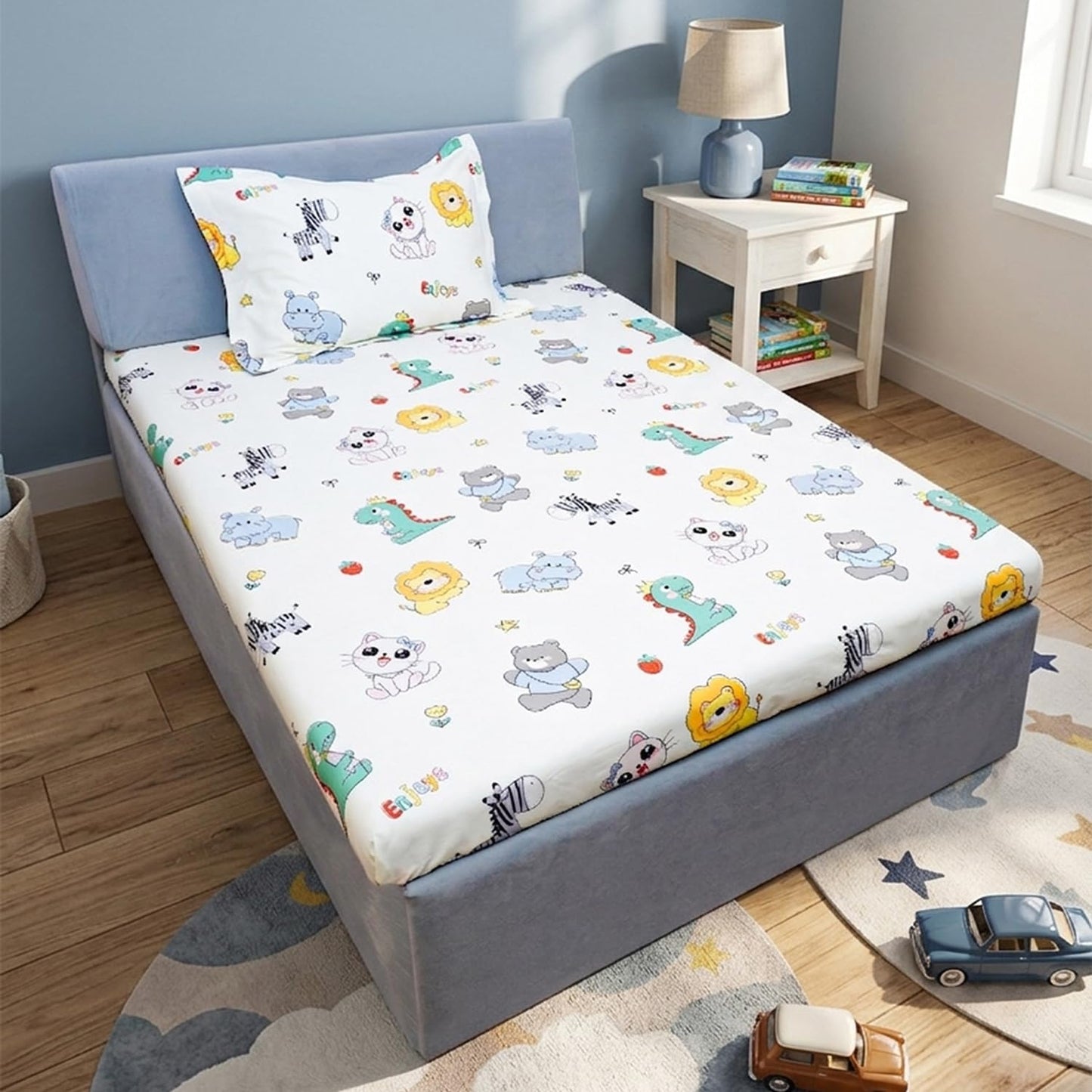 Playful Cartoon Animal Zoo Kids 100% Cotton Bedsheet Set
