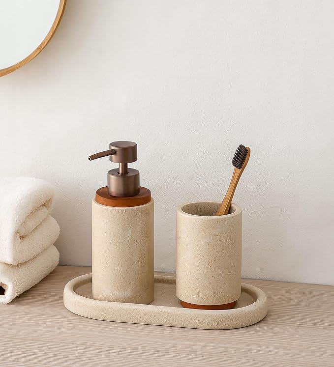 Obsessions 3-Piece Beige Polyresin Bathroom Accessory Set with Wood Accents – Soap Dispenser, Tumbler & Oval Vanity Tray