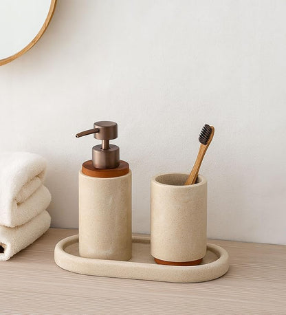 Obsessions 3-Piece Beige Polyresin Bathroom Accessory Set with Wood Accents – Soap Dispenser, Tumbler & Oval Vanity Tray