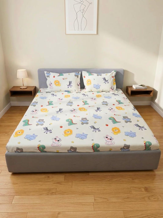 Playful Cartoon Animal Zoo Kids 100% Cotton Bedsheet Set