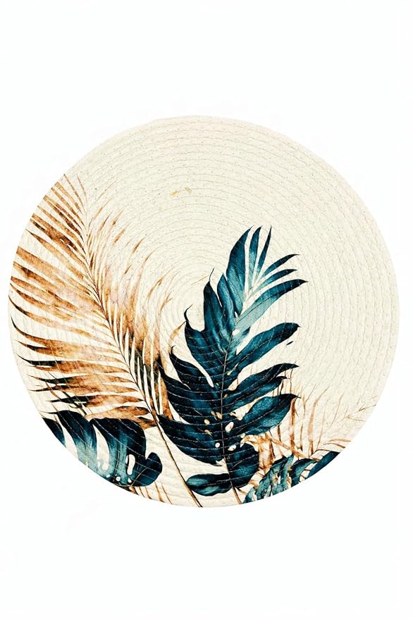 Atoz Home Decor Jute & Cotton Braided Anti-Skid Printed Round Dining Table Mats (14" x 14") – Pack of 6 Heat-Resistant Washable Placemats