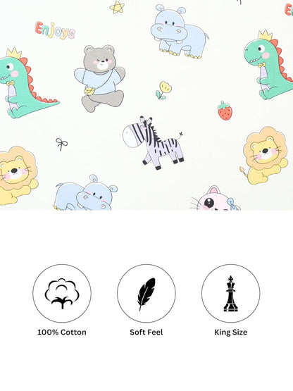 Playful Cartoon Animal Zoo Kids 100% Cotton Bedsheet Set