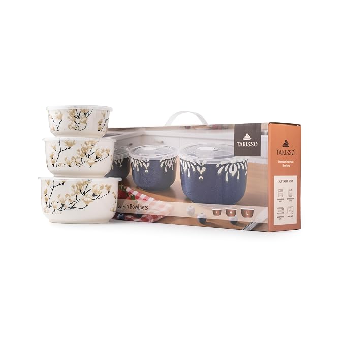 TAKISSO Porcelain Bowl Set of 3 with Airtight Lids (1000ml, 600ml, 325ml) – Microwave & Dishwasher Safe Food Storage Containers