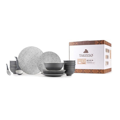 TAKISSO 35-Piece Porcelain Dinnerware Set (Plates, Bowls & Spoons) – Microwave & Dishwasher Safe Crockery