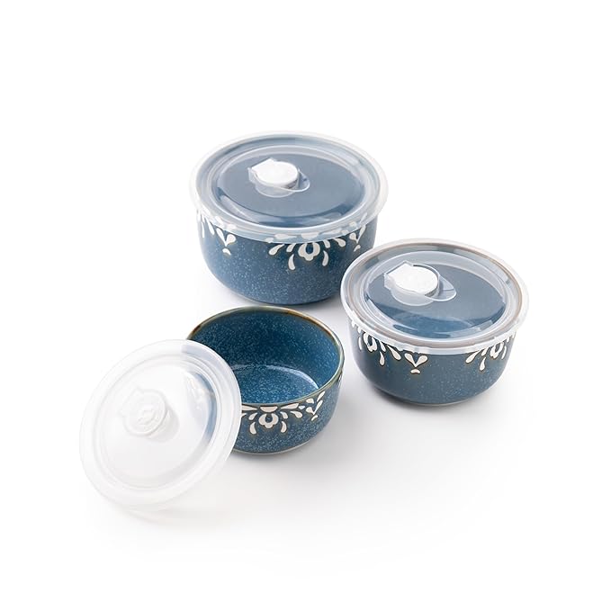 TAKISSO Porcelain Bowl Set of 3 with Airtight Lids (1000ml, 600ml, 325ml) – Microwave & Dishwasher Safe Food Storage Containers