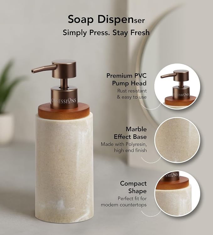 Obsessions 3-Piece Beige Polyresin Bathroom Accessory Set with Wood Accents – Soap Dispenser, Tumbler & Oval Vanity Tray