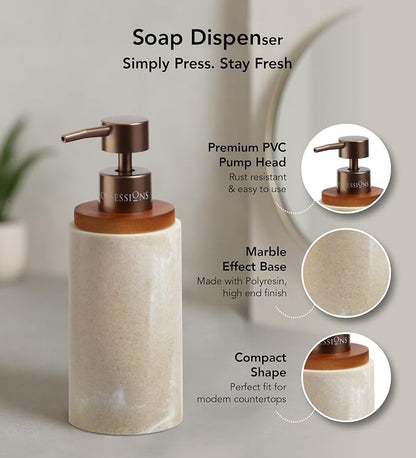Obsessions 3-Piece Beige Polyresin Bathroom Accessory Set with Wood Accents – Soap Dispenser, Tumbler & Oval Vanity Tray