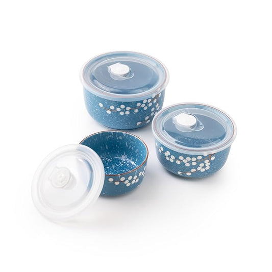 TAKISSO Porcelain Bowl Set of 3 with Airtight Lids (1000ml, 600ml, 325ml) – Microwave & Dishwasher Safe Food Storage Containers