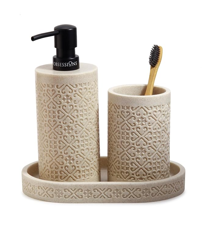 Obsessions 3-Piece Polyresin Bath Set | Dispenser, Tumbler, Tray