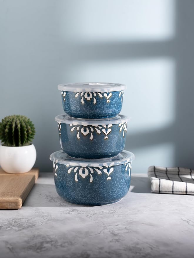TAKISSO Porcelain Bowl Set of 3 with Airtight Lids (1000ml, 600ml, 325ml) – Microwave & Dishwasher Safe Food Storage Containers