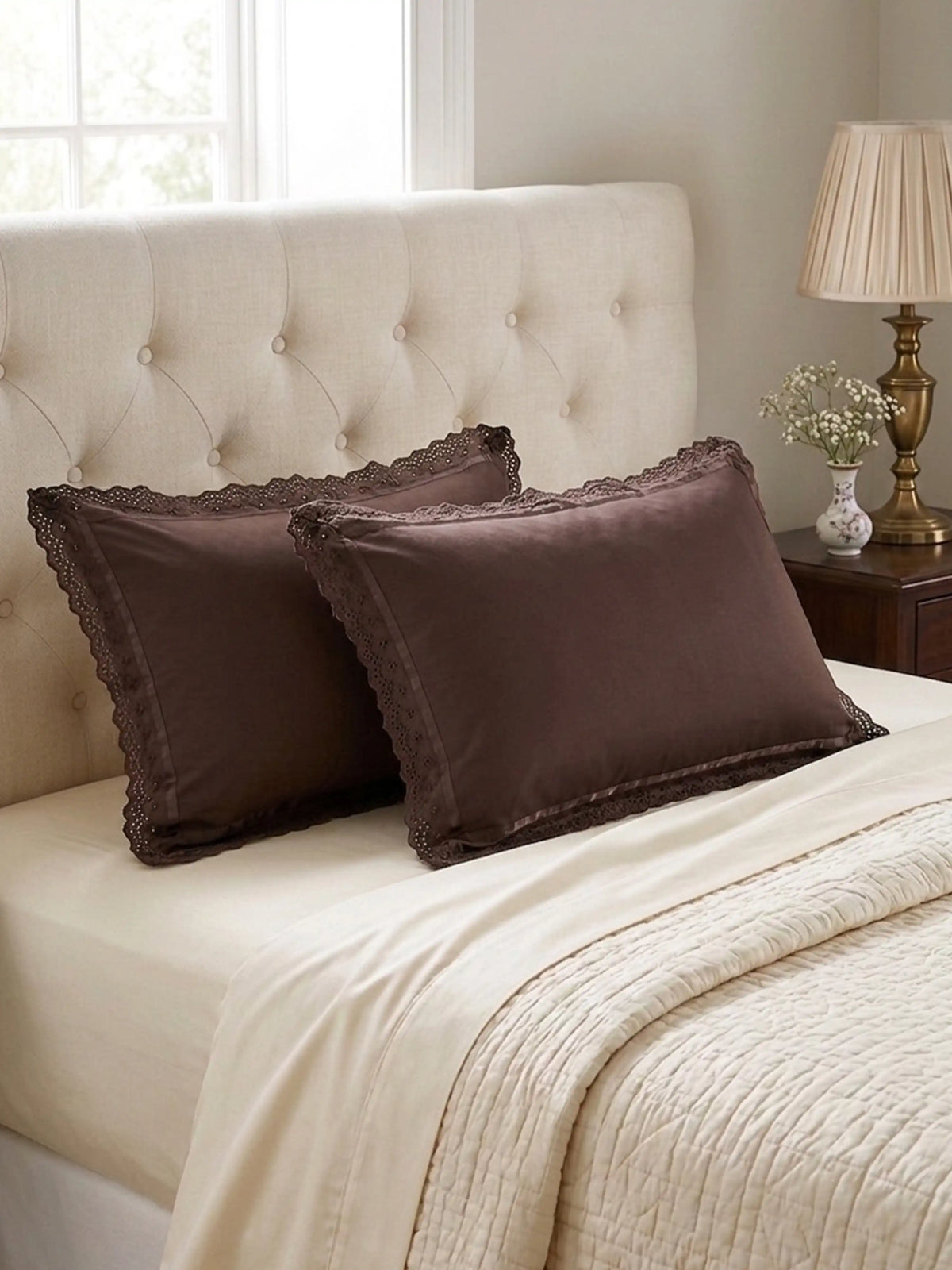 AtoZ Home Decor Cotton Lace Border Pillow Covers (Set of 1 & 2)