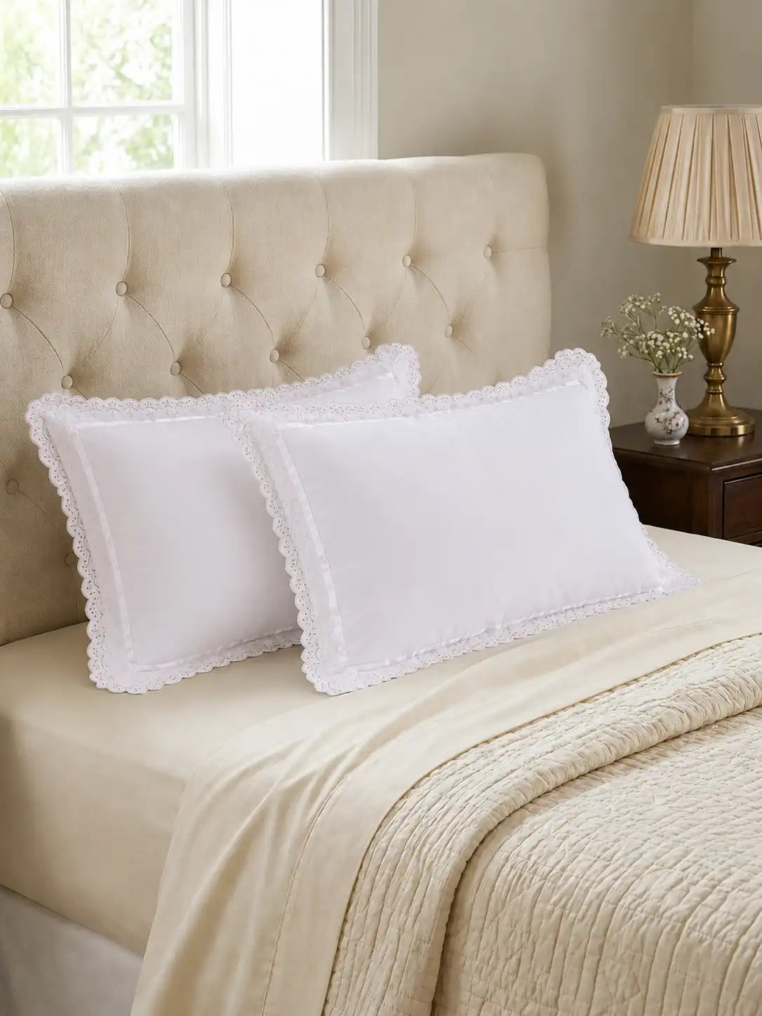 AtoZ Home Decor Cotton Lace Border Pillow Covers (Set of 1 & 2)