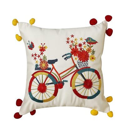 Embroidered Floral Bicycle Cushion Covers with Pom-Pom Edges Pack of 5 (16" x 16")