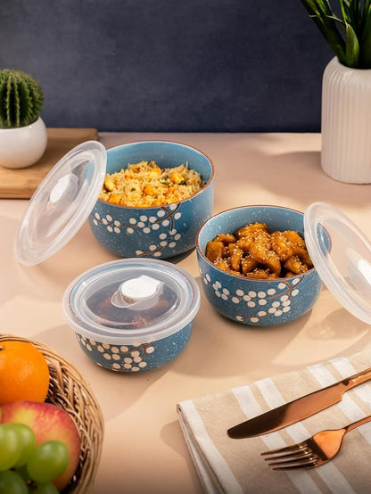 TAKISSO Porcelain Bowl Set of 3 with Airtight Lids (1000ml, 600ml, 325ml) – Microwave & Dishwasher Safe Food Storage Containers