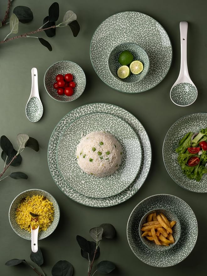 TAKISSO 35-Piece Porcelain Dinnerware Set (Plates, Bowls & Spoons) – Microwave & Dishwasher Safe Crockery