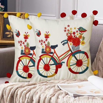 Embroidered Floral Bicycle Cushion Covers with Pom-Pom Edges Pack of 5 (16" x 16")