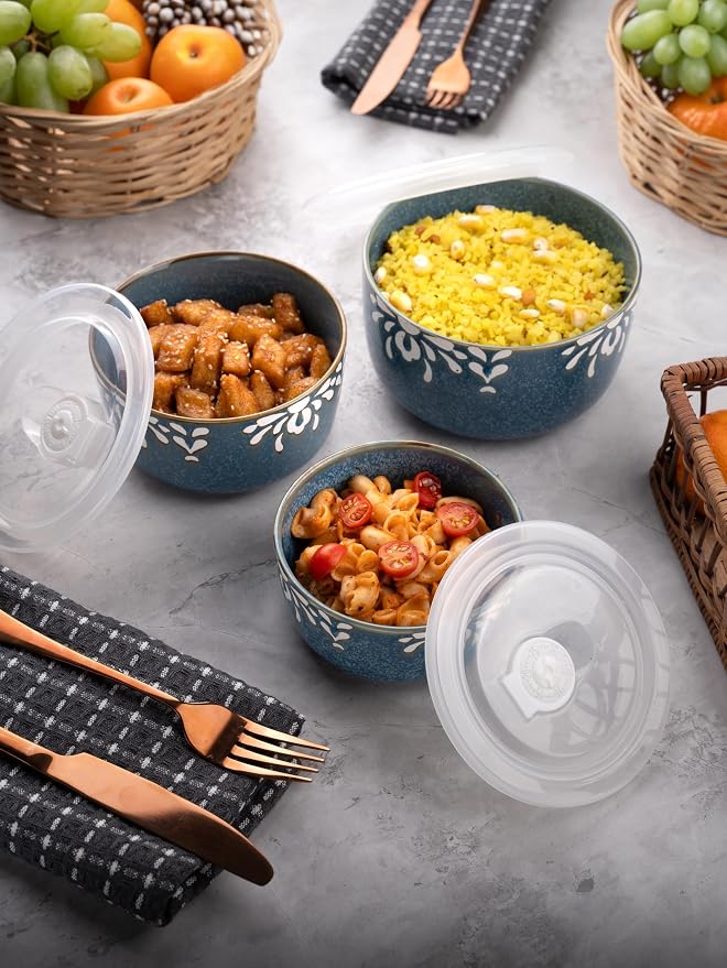 TAKISSO Porcelain Bowl Set of 3 with Airtight Lids (1000ml, 600ml, 325ml) – Microwave & Dishwasher Safe Food Storage Containers